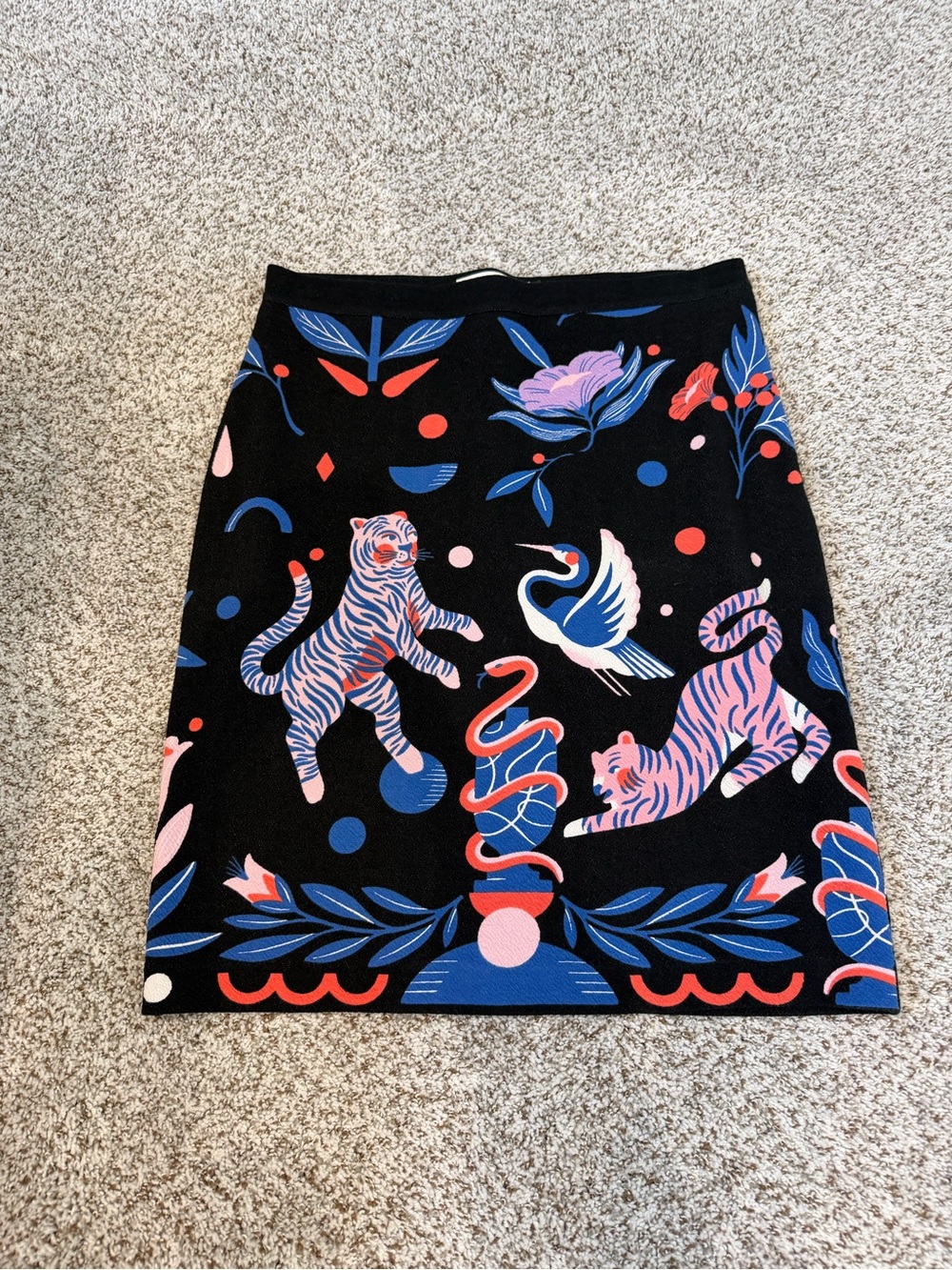 Anthropologie Black Pencil Skirt with Pink, Blue & Red Jungle Print